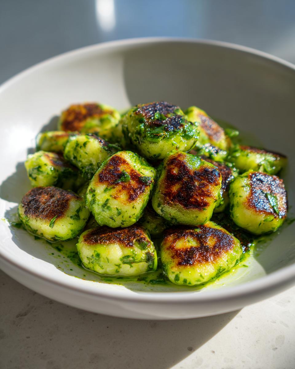 Nahaufnahme von gebratenen, grünen Bärlauchgnocchi in einer weißen Schale, umgeben von Bärlauchöl.