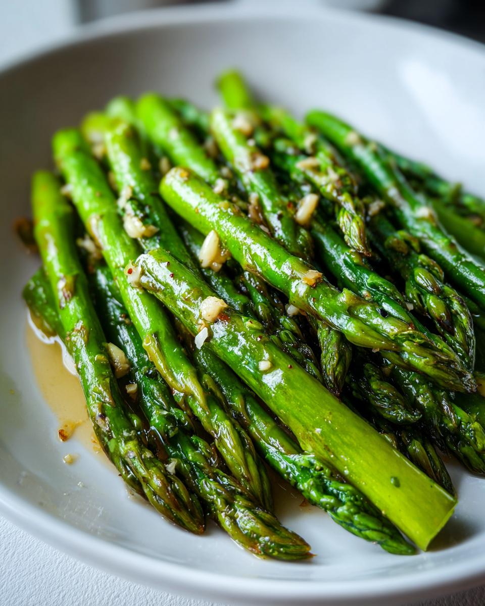 Nahaufnahme von saftigem, gebratenem grünen Spargel, beträufelt mit Knoblauch und Öl.