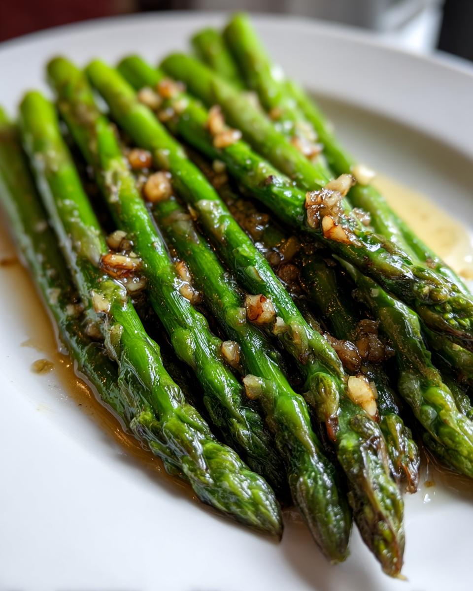 Nahaufnahme von perfekt gebratenem grünen Spargel, glänzend und mit gehacktem Knoblauch belegt.