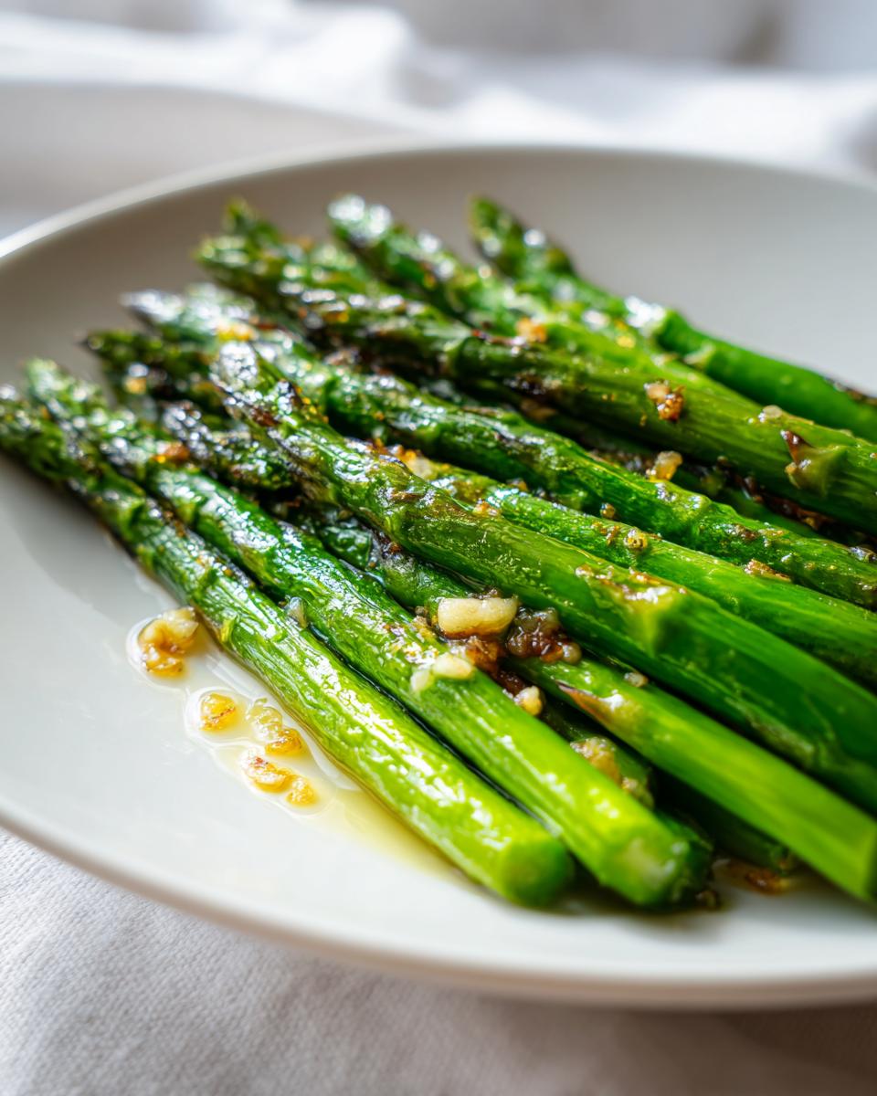 Nahaufnahme von saftigem gebratenem grünen Spargel mit Knoblauchstückchen und Öl auf einem weißen Teller.
