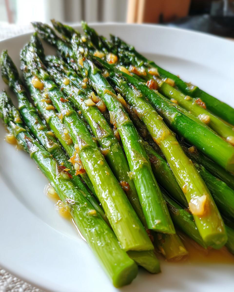 Nahaufnahme von saftigem, gebratenem grünen Spargel mit einer glänzenden Knoblauch-Butter-Glasur auf einem weißen Teller.