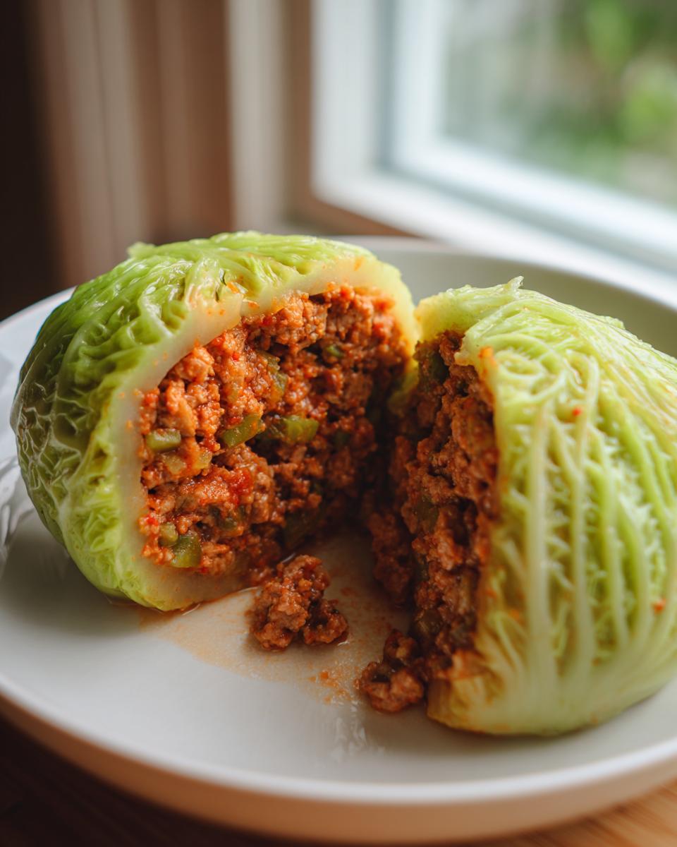 Nahaufnahme von zwei Hälften Gefüllte Kohlrabi, die eine würzige Hackfleischfüllung zeigen.