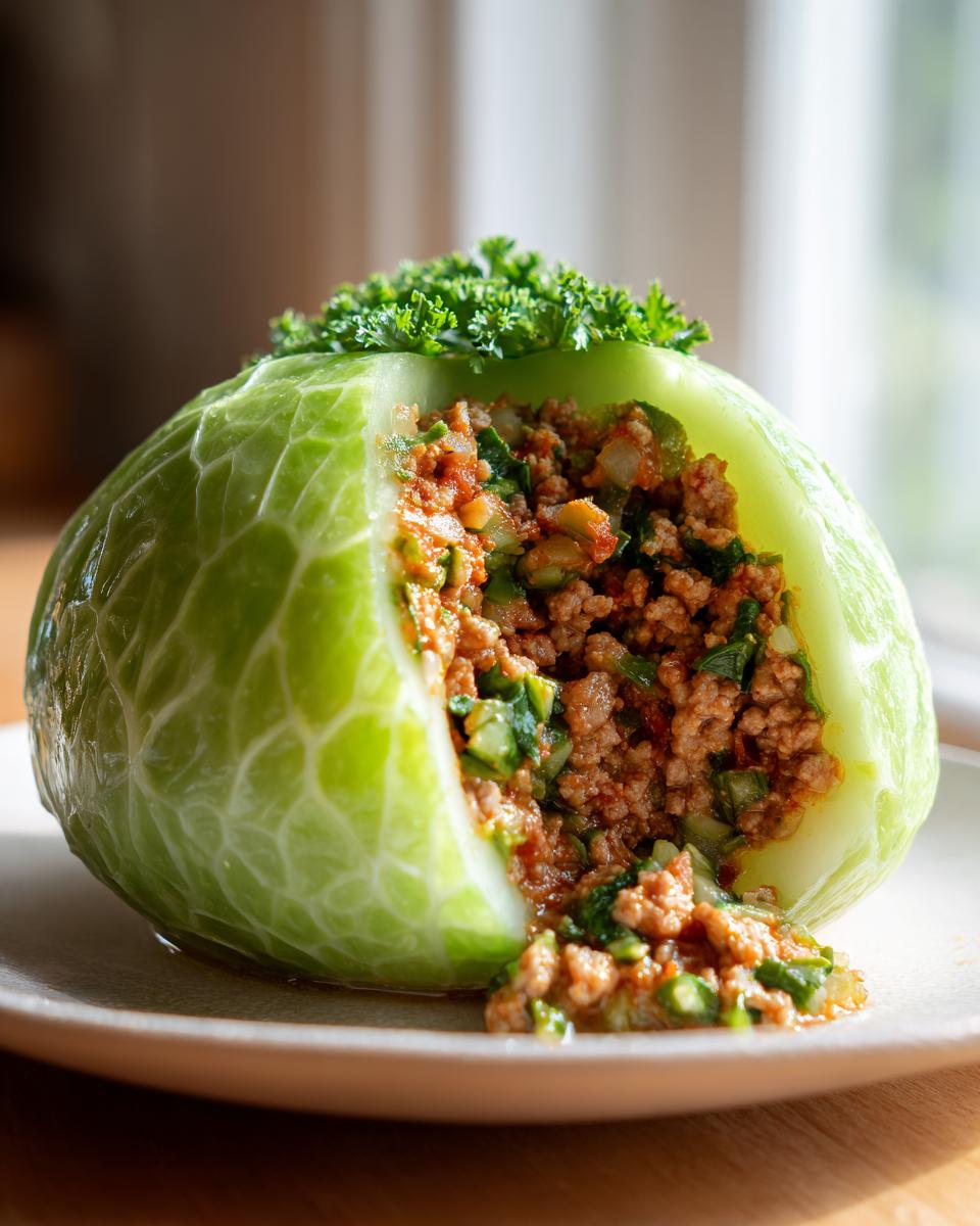 Anschnitt eines Gefüllte Kohlrabi, gefüllt mit einer würzigen Hackfleischmischung und Petersilie.