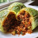 Nahaufnahme von zwei aufgeschnittenen Gefüllte Kohlrabi, die eine saftige Hackfleisch-Gemüsefüllung zeigen.