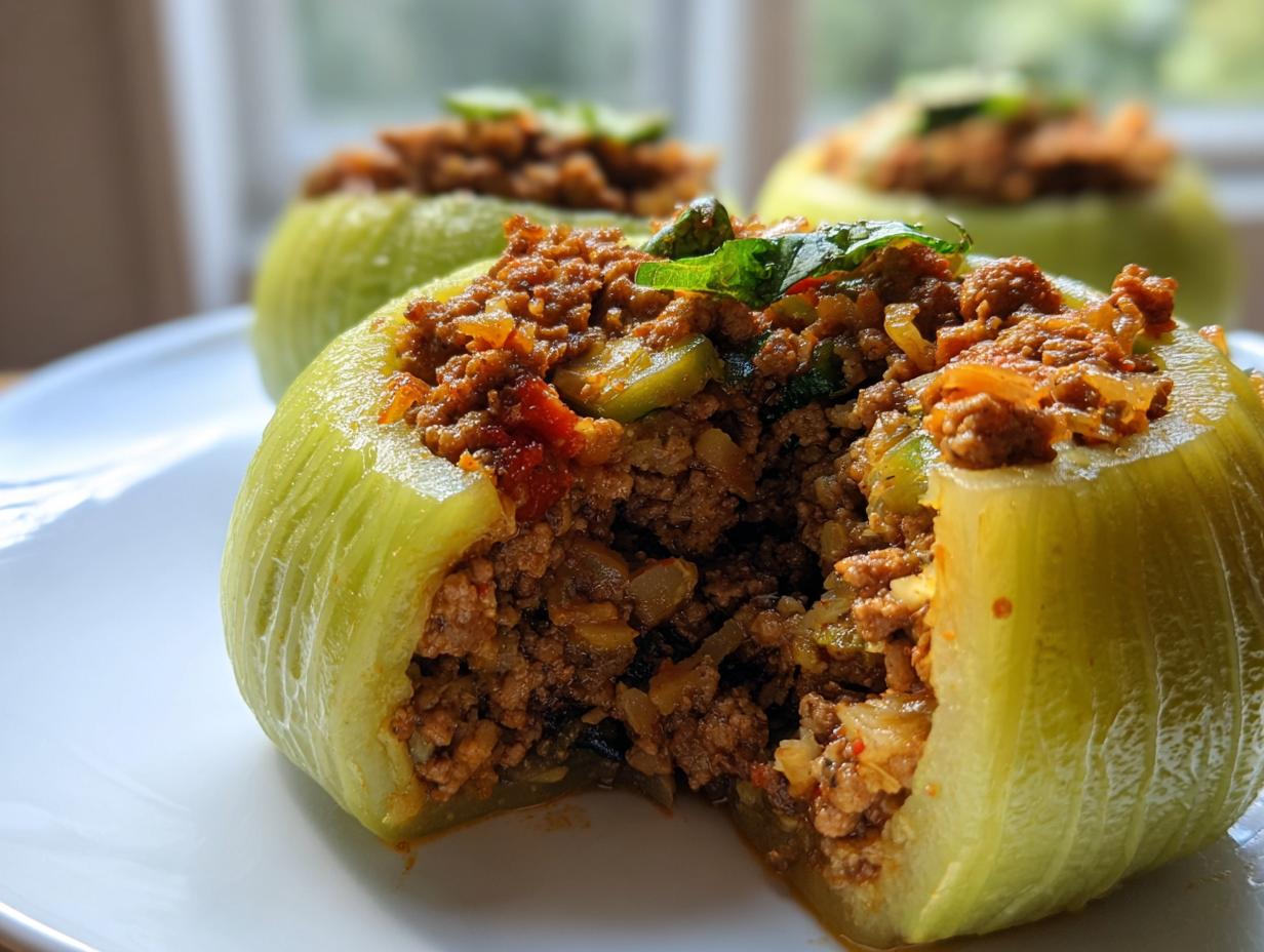 Nahaufnahme von drei Gefüllte Kohlrabi, einer davon angeschnitten, gefüllt mit würziger Hackfleischmasse.