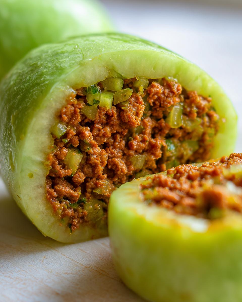 Nahaufnahme eines halbierten, gefüllten Kohlrabi mit einer würzigen Hackfleischfüllung, das Gericht ist als Low Carb Gericht bekannt.