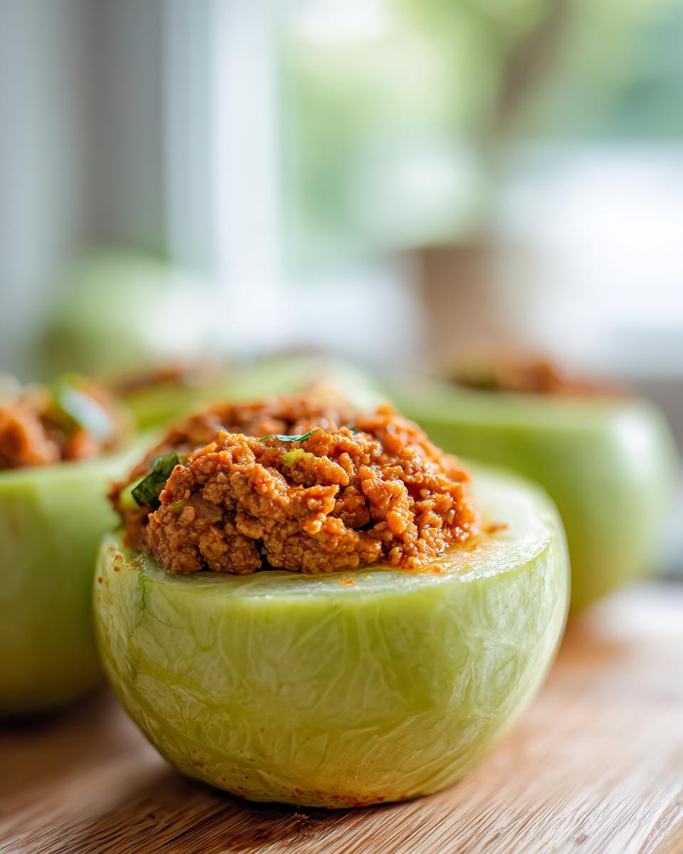 Nahaufnahme von einem halbierten, gefüllten Kohlrabi mit einer würzigen, rötlichen Hackfleischfüllung. Gefüllte Kohlrabi.