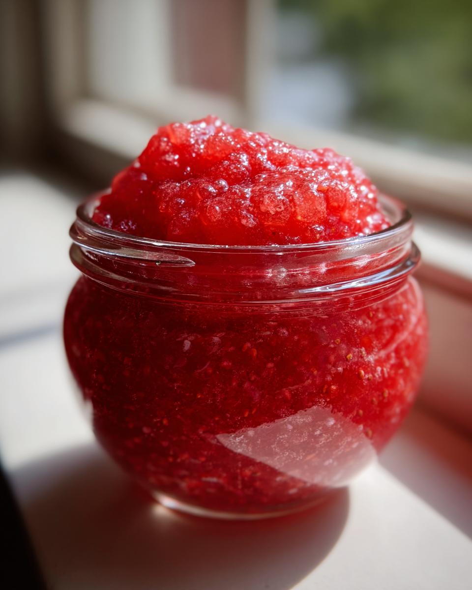 Nahaufnahme eines Glases mit leuchtend roter Erdbeer Rhabarber Marmelade, gefüllt bis zum Rand.