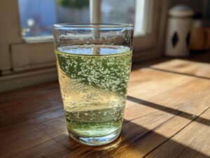 Ein hohes Glas mit prickelnder, hellgelber Maibowle steht auf einem Holztisch im Sonnenlicht.