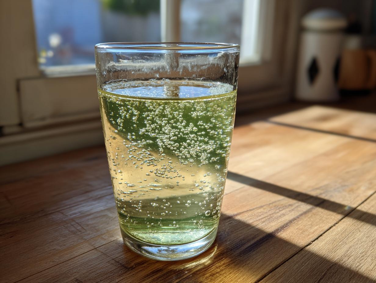 Ein hohes Glas mit prickelnder, hellgelber Maibowle steht auf einem Holztisch im Sonnenlicht.