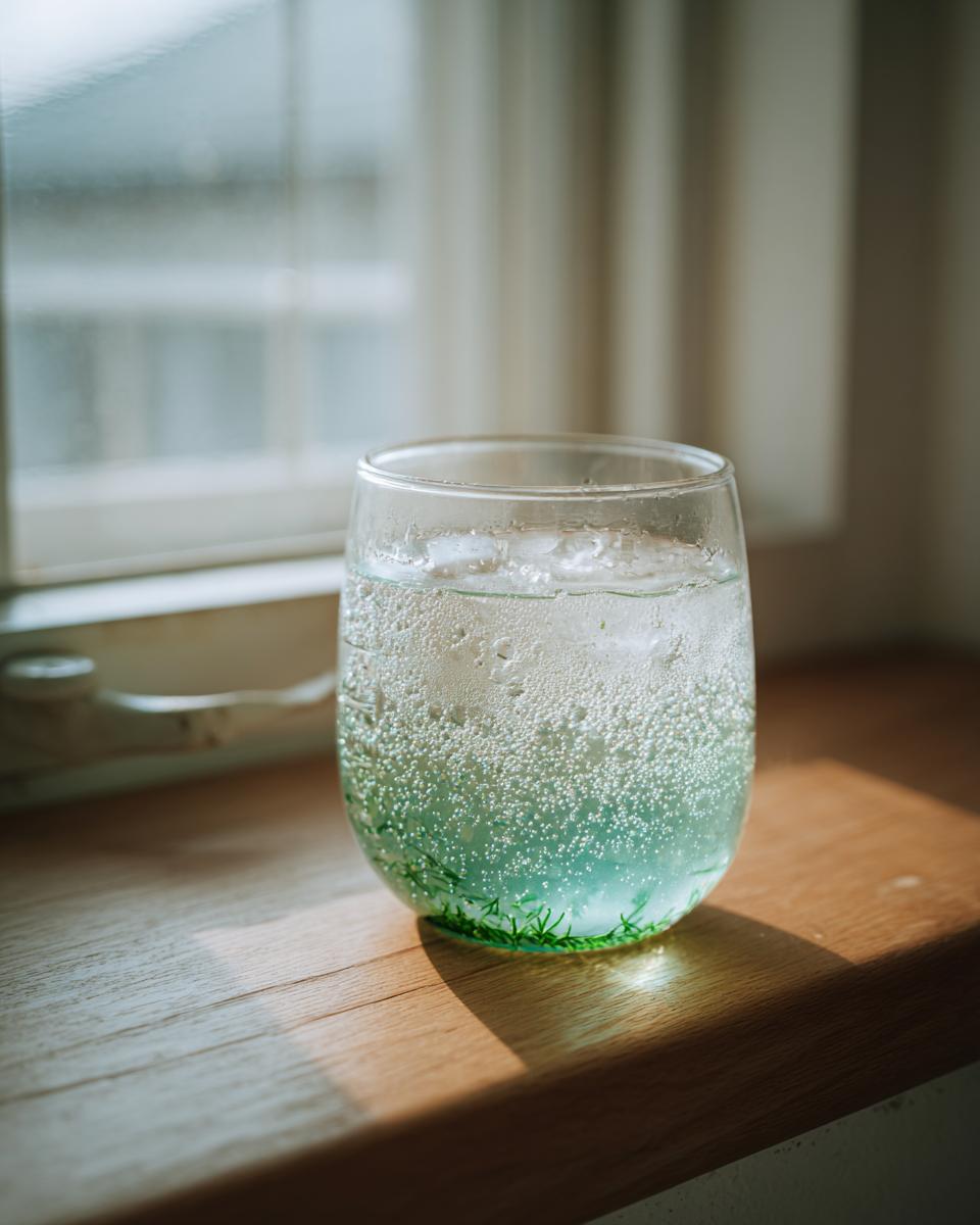 Ein Glas kohlensäurehaltige Maibowle mit Waldmeister am Boden, stehend auf einem Holzfensterbrett.