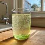 Ein Glas mit prickelnder, hellgrüner Maibowle steht auf einem Holztisch im Sonnenlicht.
