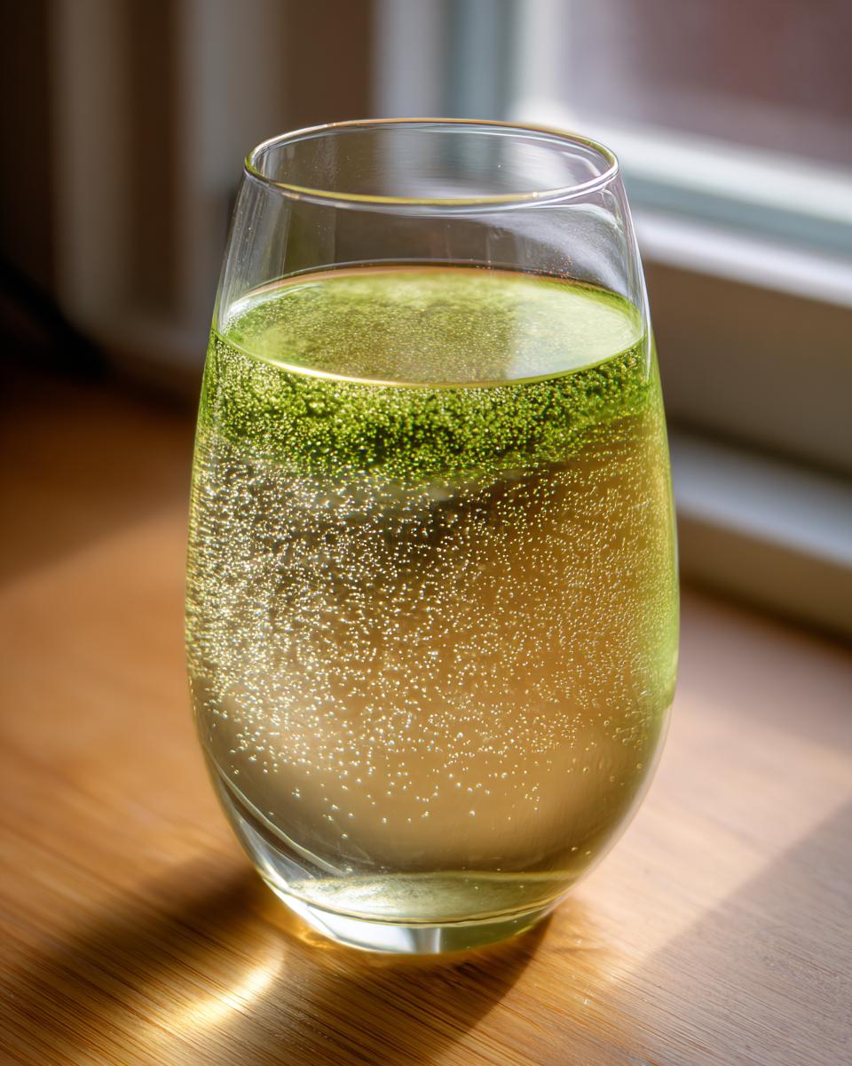 Nahaufnahme eines Glases mit prickelnder Maibowle, auf der Oberfläche schwimmt das grüne Waldmeisteraroma.