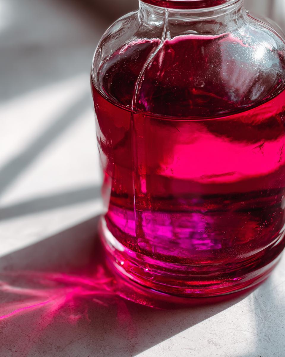 Nahaufnahme einer Glasflasche mit leuchtend rotem Rhabarber-Sirup, der im Sonnenlicht glänzt.