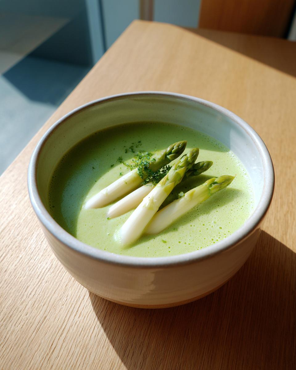 Eine Schüssel cremiger grüner Spargelcremesuppe, garniert mit drei Stangen weißem Spargel und Kräutern.
