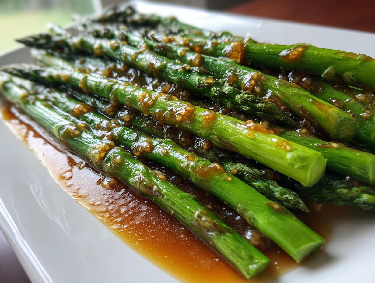 Gedämpfter grüner Spargel übergossen mit brauner, körniger Nussbutter auf einem weißen Teller.