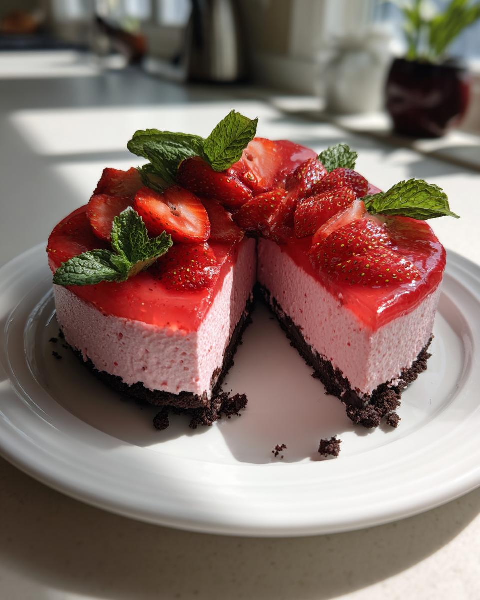 Anschnitt einer himmlischen Erdbeermousse-Torte mit dunklem Boden, rosa Mousse und frischen Erdbeeren.