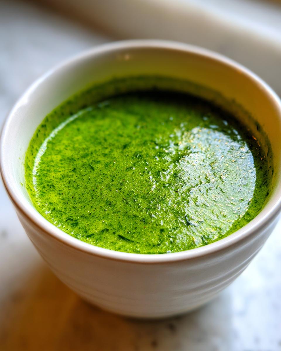 Nahaufnahme einer leuchtend grünen Bärlauchsuppe in einer weißen Schale.