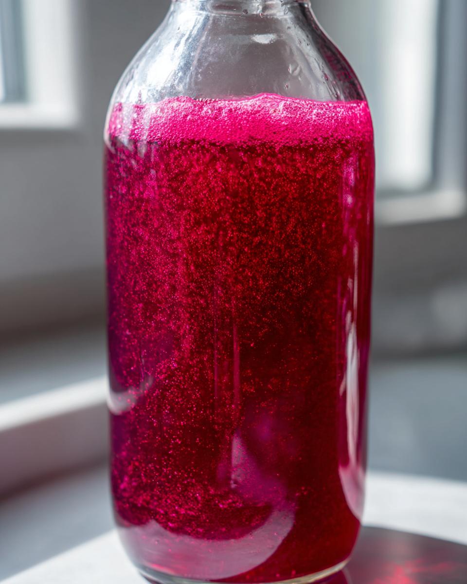 Nahaufnahme von leuchtend rotem, sprudelndem Rhabarber-Sirup in einer Glasflasche.