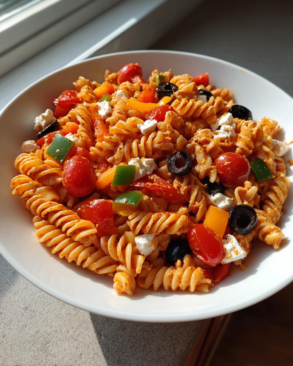 Nahaufnahme eines Italienischer Nudelsalat mit Fusilli, Kirschtomaten, Paprika, schwarzen Oliven und Feta in einer weißen Schüssel.