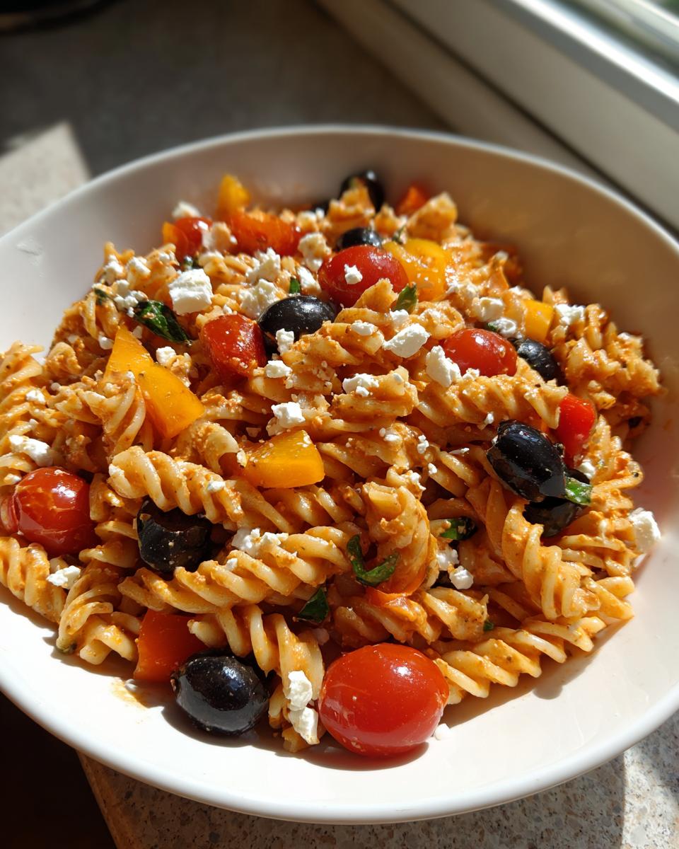 Nahaufnahme eines Italienischer Nudelsalat mit Fusilli, Kirschtomaten, schwarzen Oliven und Feta.