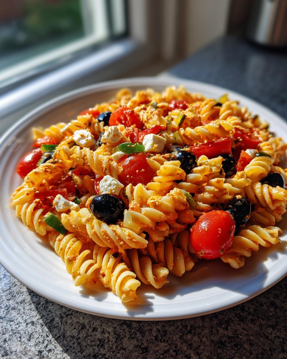 Nahaufnahme eines Italienischer Nudelsalat mit Fusilli, Kirschtomaten, schwarzen Oliven und Feta auf einem weißen Teller.