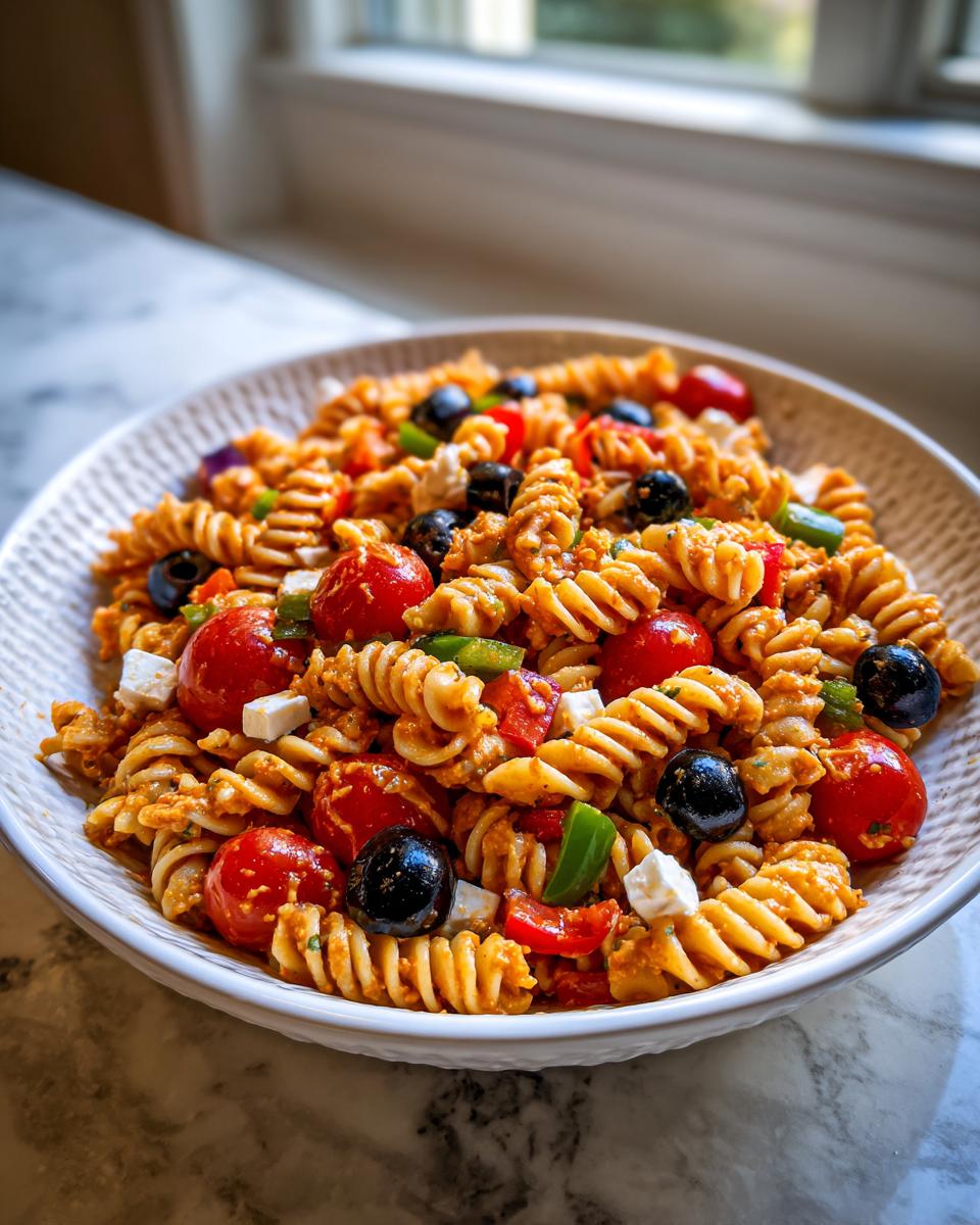 Nahaufnahme eines bunten Italienischer Nudelsalat mit Fusilli, Kirschtomaten, schwarzen Oliven und Feta.