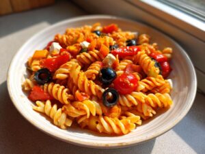 Nahaufnahme eines Italienischer Nudelsalat mit Fusilli, roten Tomaten, schwarzen Oliven und Feta-Käse.