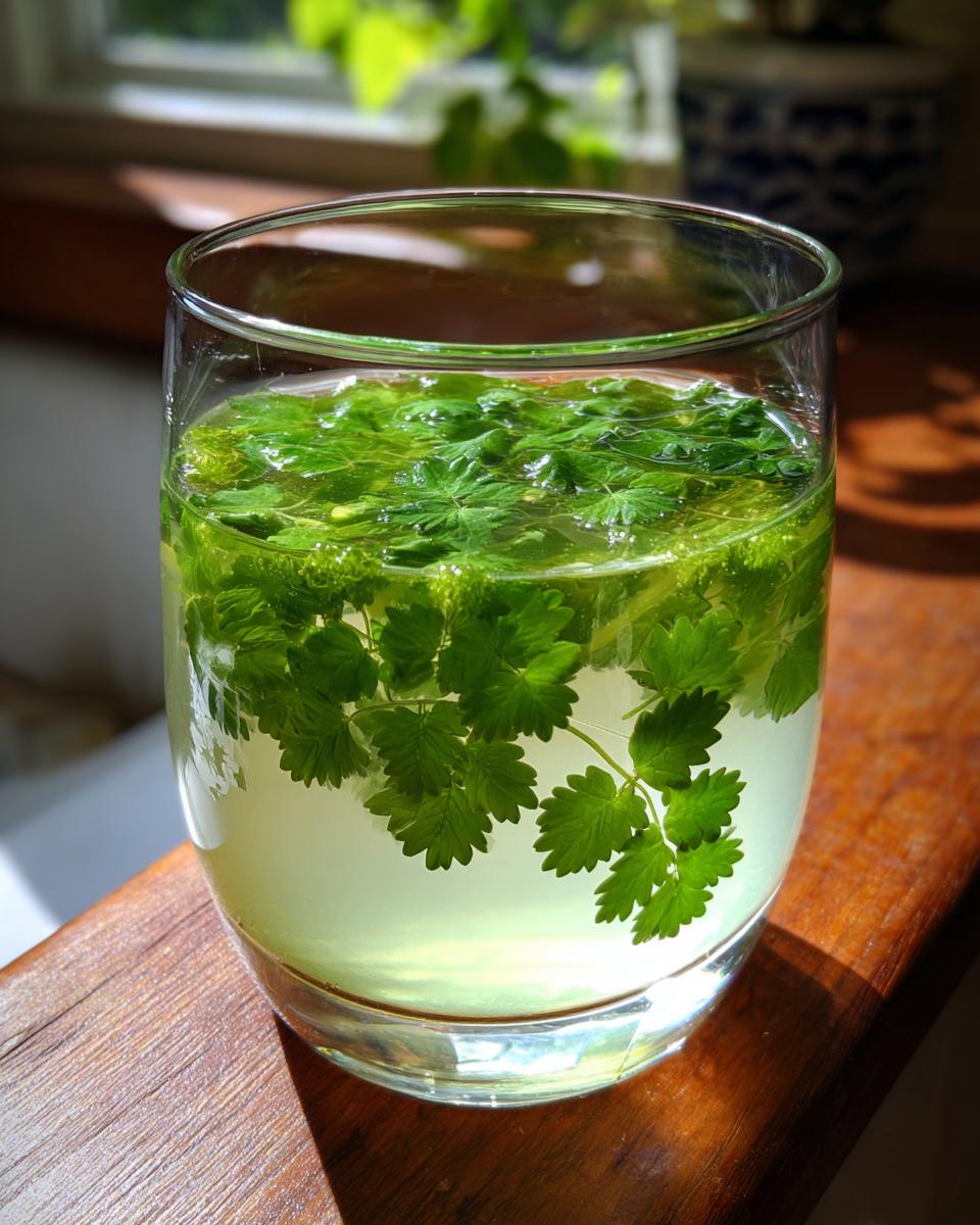 Ein Glas mit der grünen Klassische Maibowle, gefüllt mit Waldmeisterblättern.