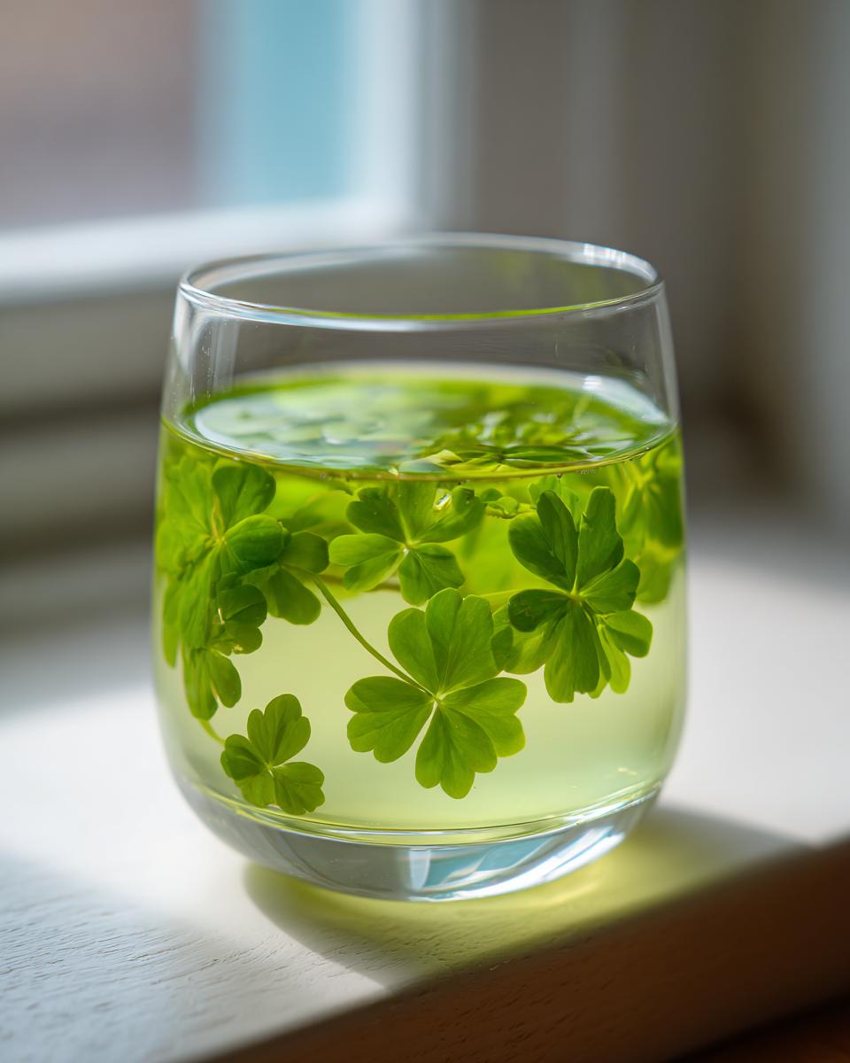 Nahaufnahme einer Klassische Maibowle in einem Glas mit frischen Waldmeisterblättern, die dem Getränk die grüne Farbe verleihen.