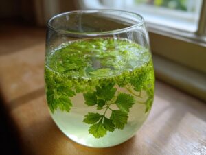 Nahaufnahme eines Glases mit Klassische Maibowle, gefüllt mit grünem Waldmeisterkraut.