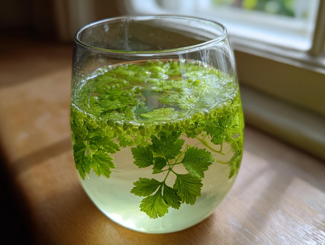 Nahaufnahme eines Glases mit Klassische Maibowle, gefüllt mit grünem Waldmeisterkraut.