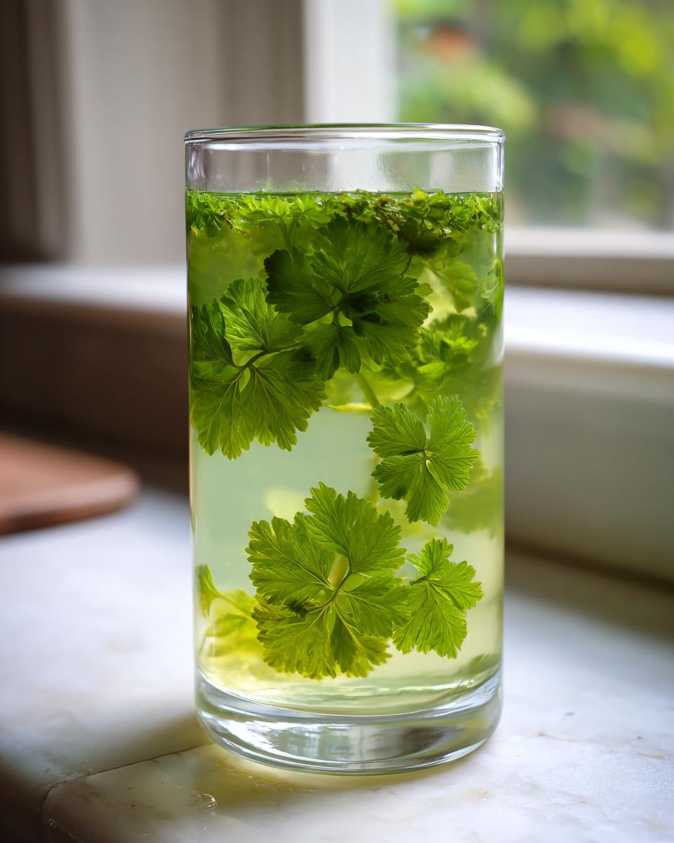 Nahaufnahme eines Glases mit grüner Flüssigkeit und frischen Waldmeisterblättern für die Klassische Maibowle.