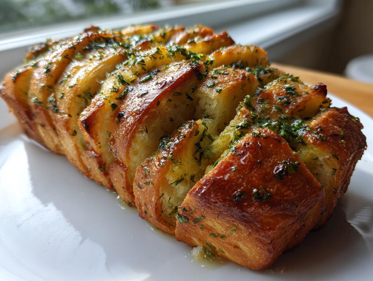 Ein goldbraunes, in Scheiben geschnittenes Kräuter-Zupfbrot, glänzend von Butter und bestreut mit frischen Kräutern.