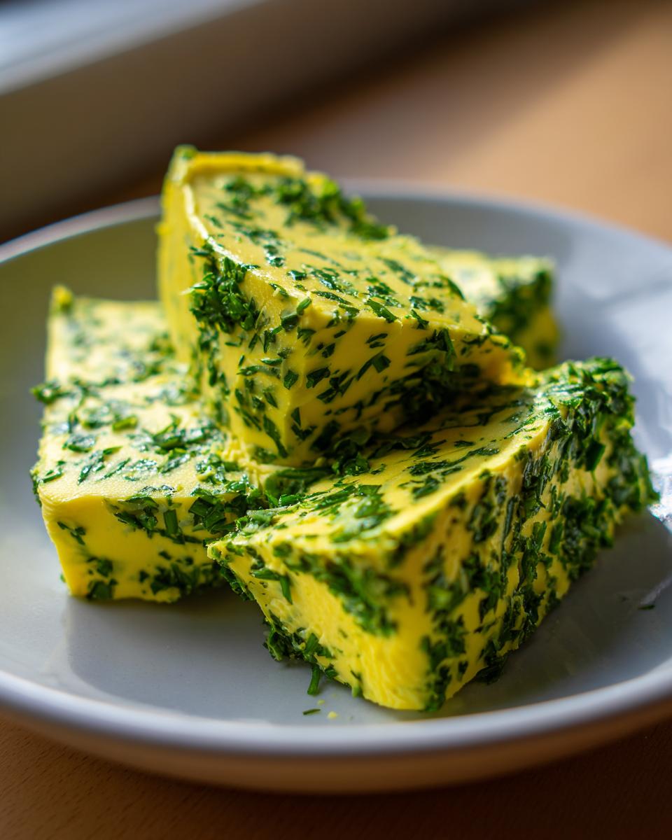 Drei feste Stücke leuchtend gelber Kräuterbutter, reichlich mit grünen Kräutern durchsetzt, auf einem hellgrauen Teller.