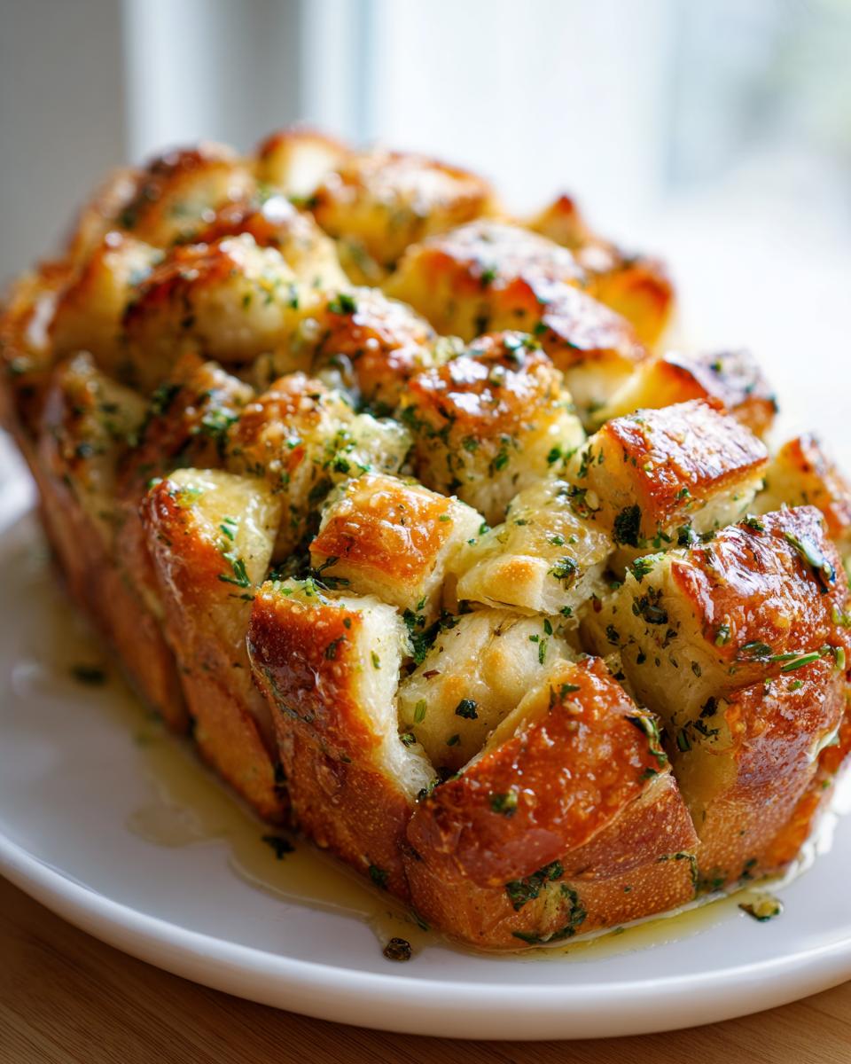 Ein goldbraunes, frisch gebackenes Kräuter-Zupfbrot, das in Würfel geschnitten und mit Kräuterbutter übergossen ist.