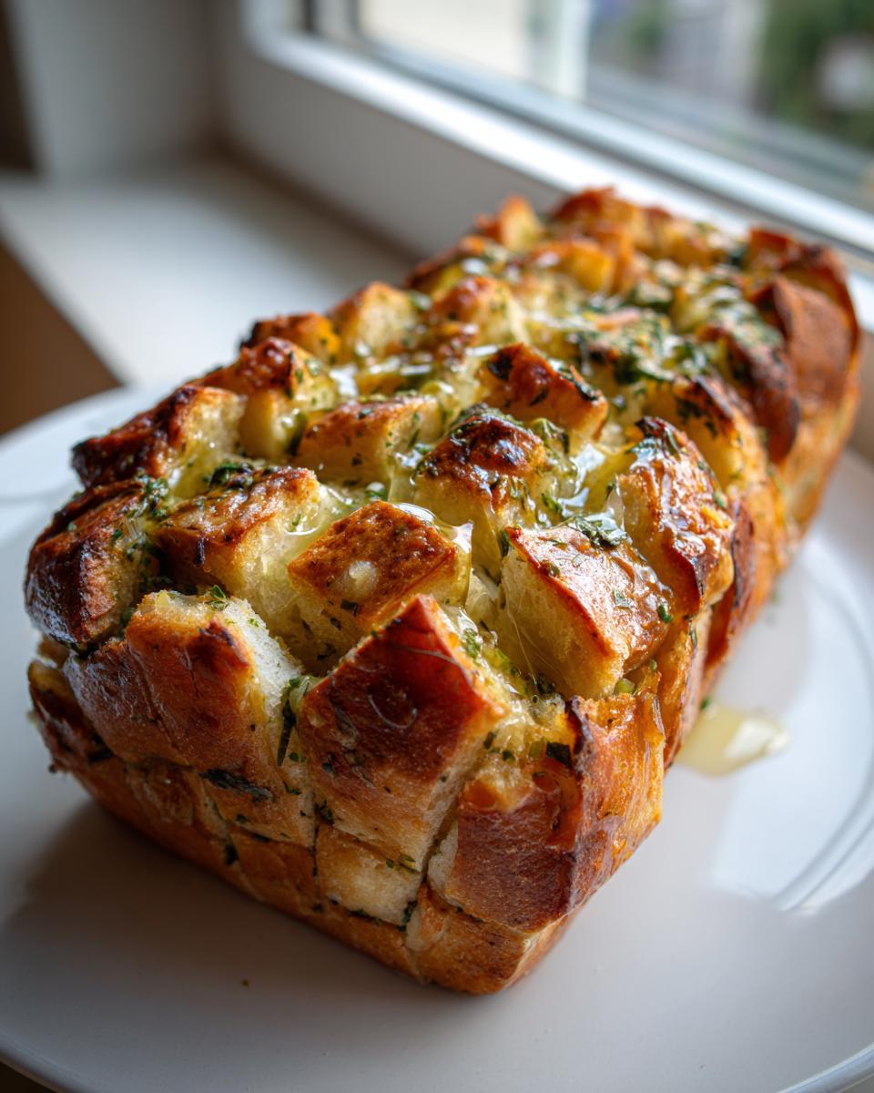 Ein frisch gebackenes, goldbraunes Kräuter-Zupfbrot, übergossen mit geschmolzener Kräuterbutter.