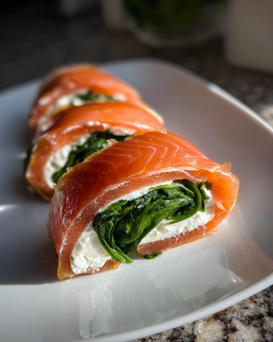 Anschnitt einer Lachsrolle zum Muttertag, gefüllt mit Frischkäse und Spinat, auf einem weißen Teller.