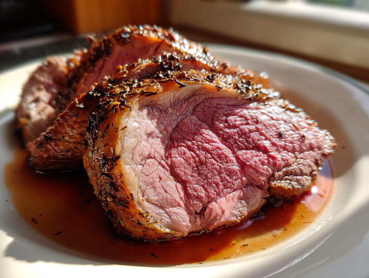 Nahaufnahme von rosa gebratenen Scheiben Lammkeule aus dem Ofen mit Kräuterkruste und Bratensaft.