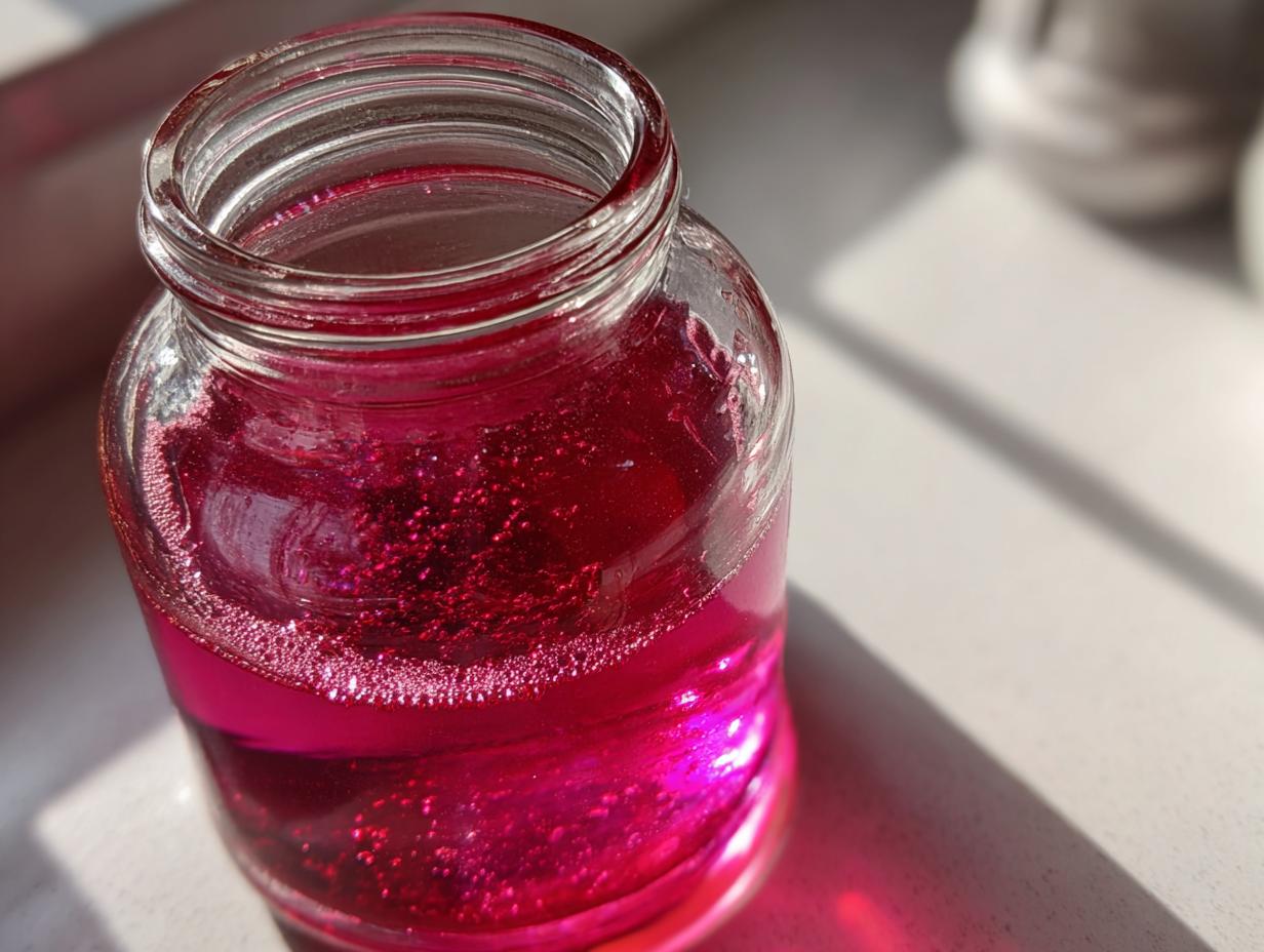 Nahaufnahme eines Glases mit leuchtend rotem Rhabarber-Sirup, der im Sonnenlicht funkelt.