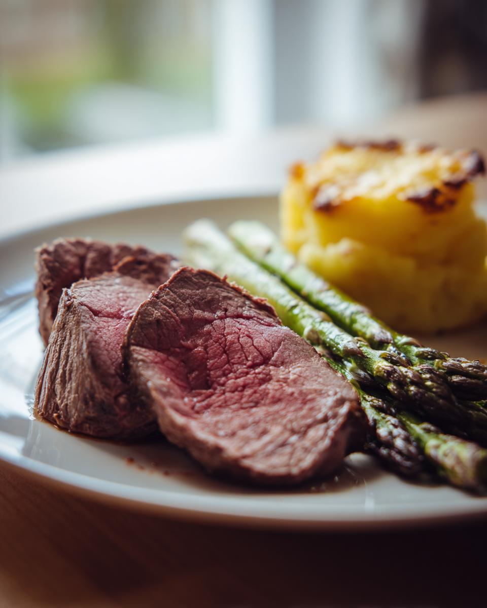 Zwei Scheiben rosa gebratenes Maibockfleisch liegen neben grünem Spargel und einem Kartoffelgratin.