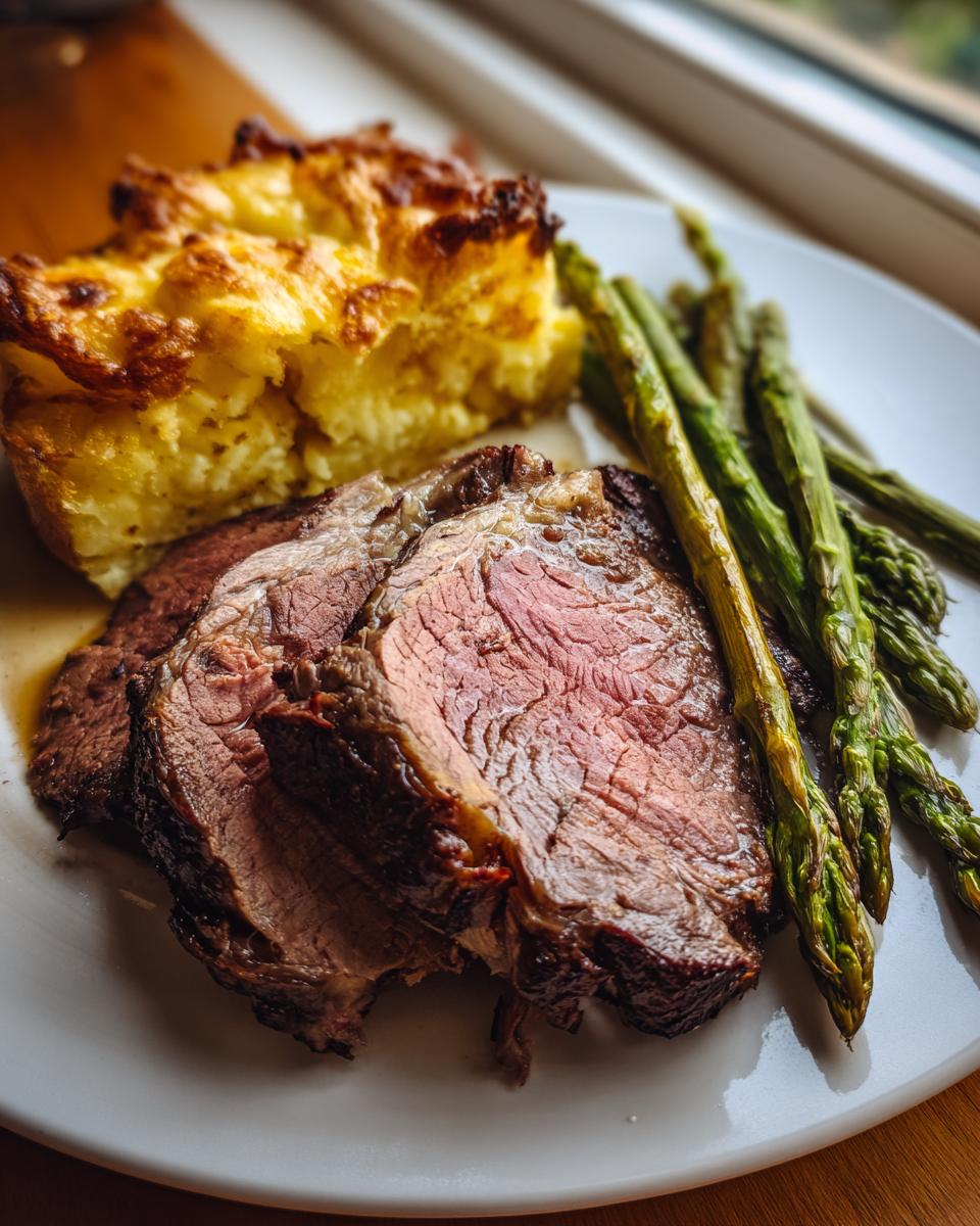 Drei Scheiben rosa gebratenes Maibock mit grünem Spargel und Kartoffelgratin.
