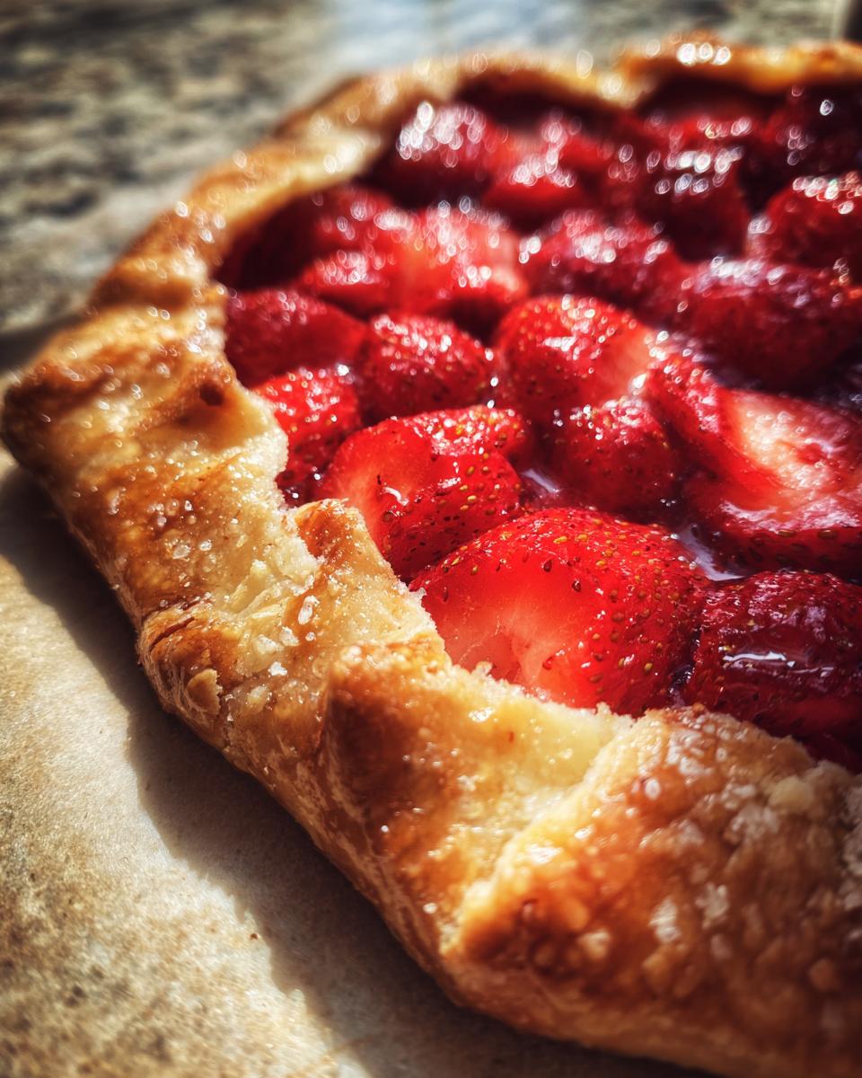 Nahaufnahme einer rustikalen Erdbeer-Galette mit glänzenden, roten Erdbeeren und einem goldbraunen, gezuckerten Rand.