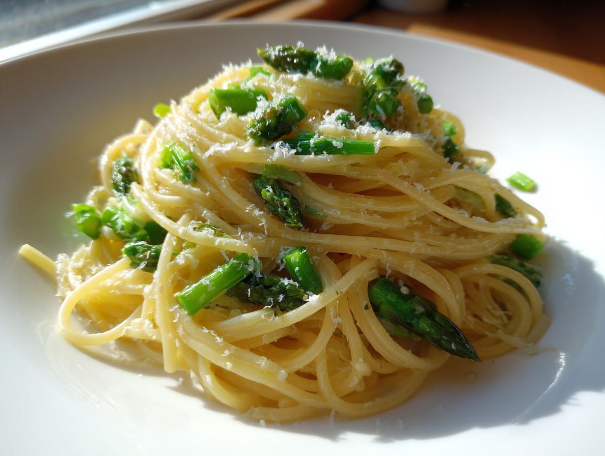 Nahaufnahme von Pasta mit grünem Spargel und geriebenem Parmesan auf einem weißen Teller.