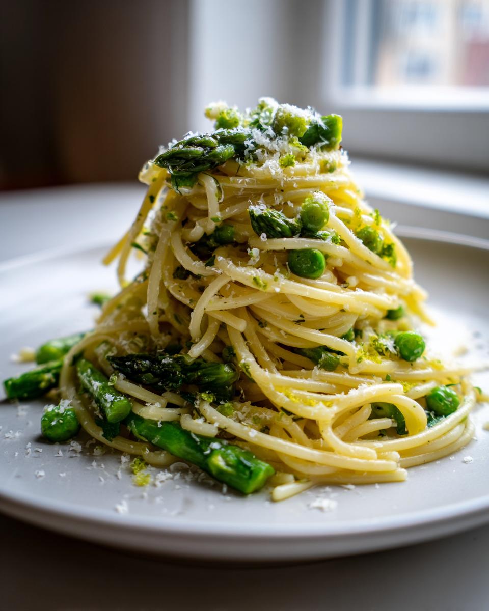 Ein hoher Turm aus Spaghetti mit grünem Spargel und Erbsen, bestreut mit Parmesan, als Pasta mit grünem Spargel.