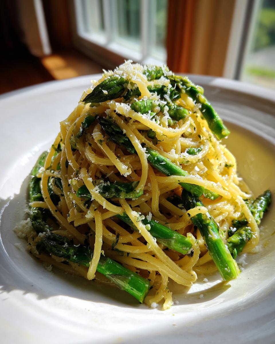 Nahaufnahme von Pasta mit grünem Spargel, garniert mit geriebenem Parmesan auf einem weißen Teller.