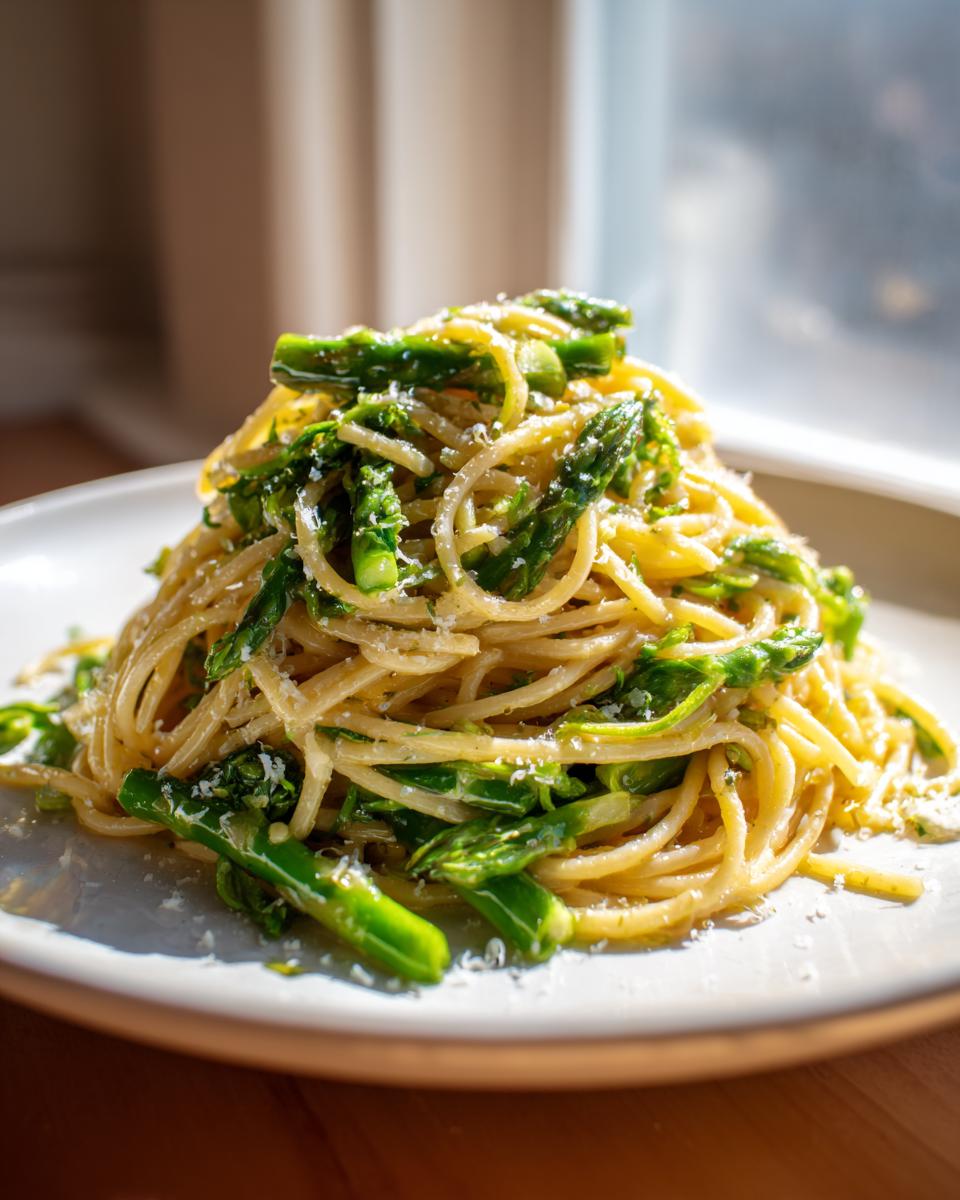 Ein hoher Haufen Pasta mit grünem Spargel und geriebenem Parmesan auf einem hellen Teller.