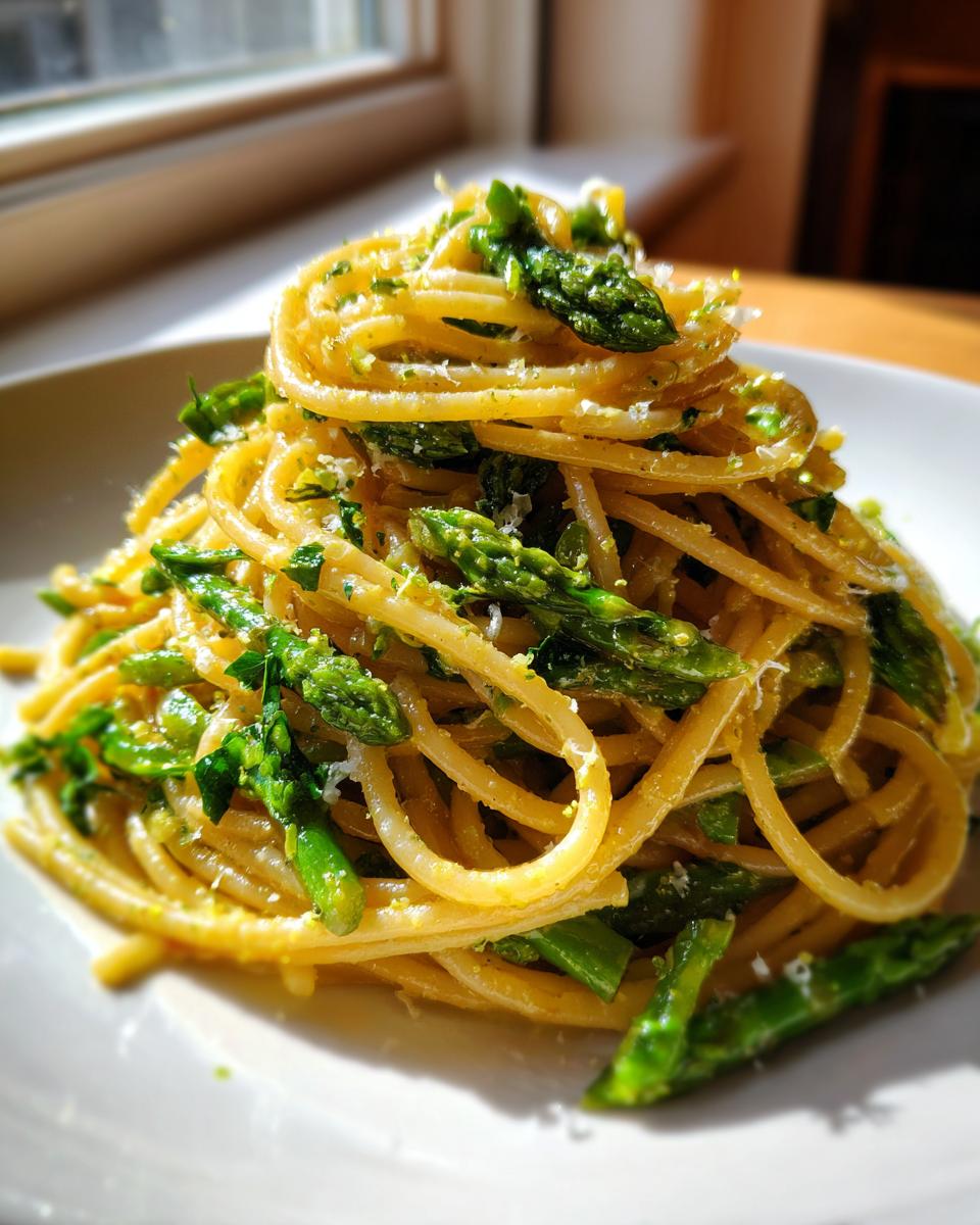 Nahaufnahme von Pasta mit grünem Spargel, angerichtet auf einem weißen Teller, bestreut mit Parmesan.