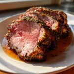 Drei saftige Scheiben Lammkeule aus dem Ofen mit Kräuterkruste und Bratensaft auf einem Teller.