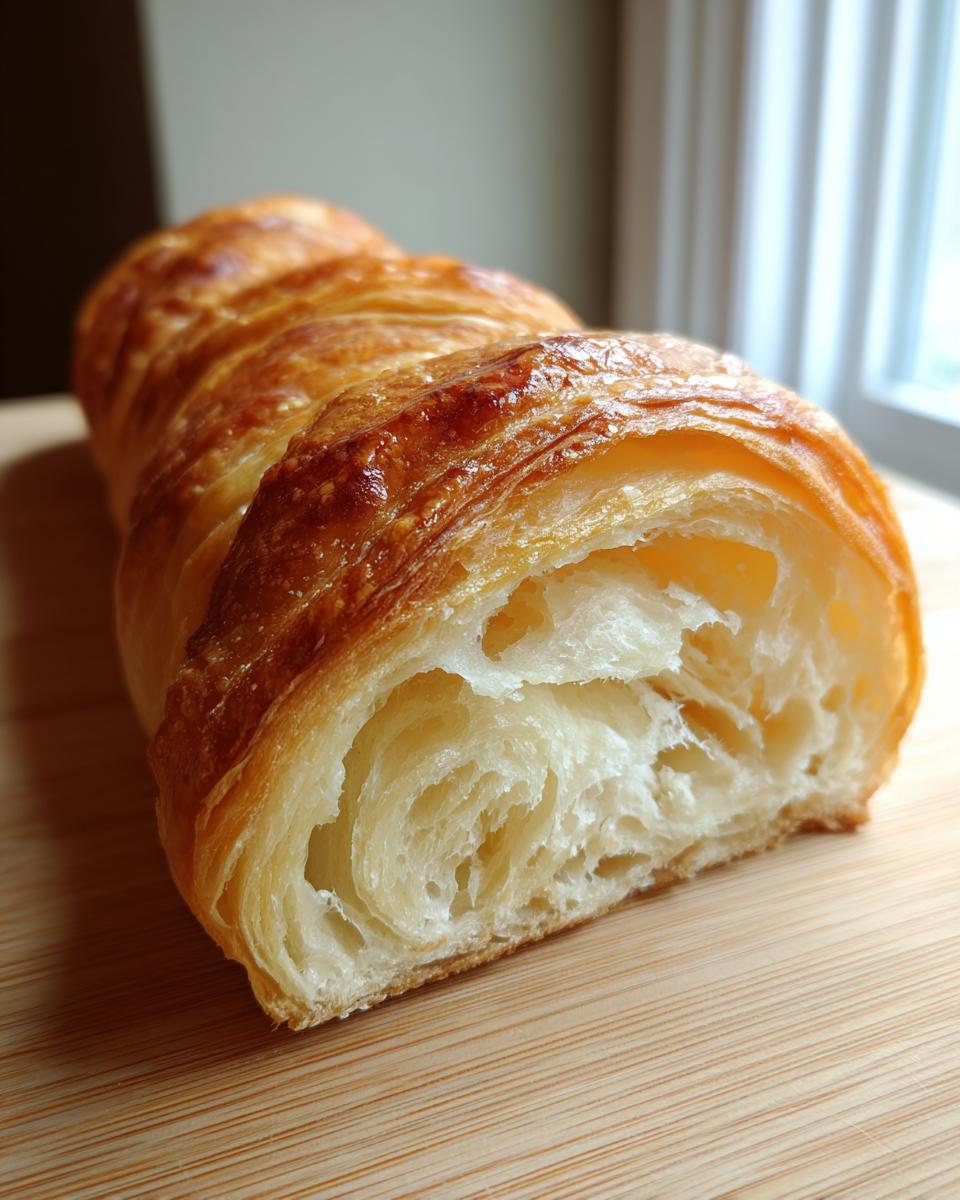 Nahaufnahme eines aufgeschnittenen, luftigen Gebäcks mit Blätterteigstruktur, das den perfekten Teig für Stockbrot andeuten soll.